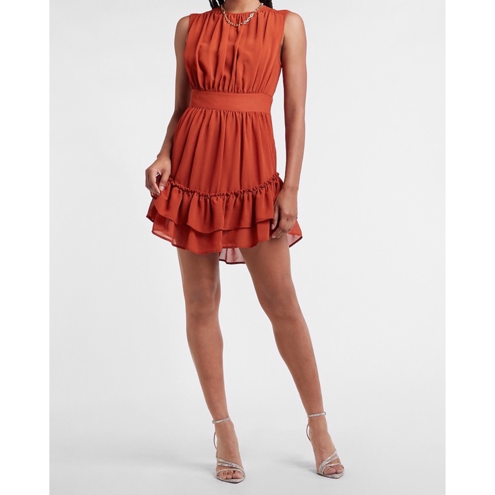 Express Crew Neck Sleeveless Ruffle Fit and Flare Dress